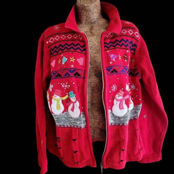 Vintage Red Christmas Snowman Knit Cardigan Sweater Womens Zip Up Holiday Winter - Picture 4 of 16